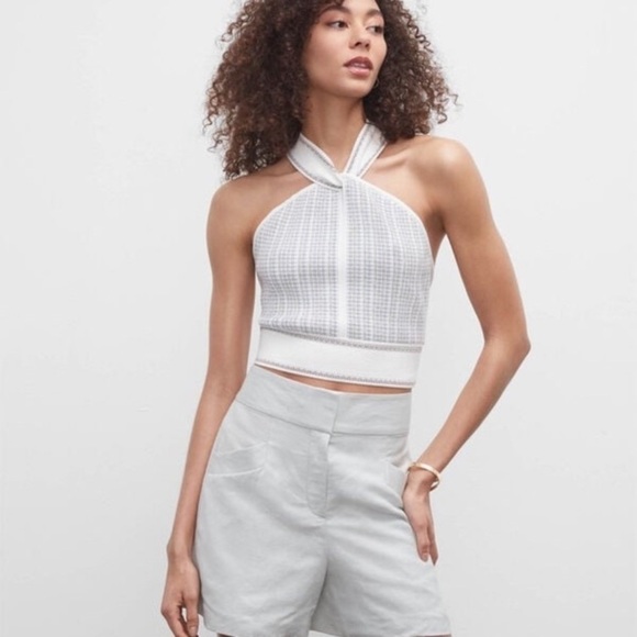 Club Monaco Raeni Stretchy NWT Halter Top Knit Wide Straps Chandails White Pink - Picture 2 of 15